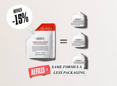 En Kiehl's Ultra Facial Cream Refill, samt 3 Ultra Facial Cream-burkar. Fokus på 15 % rabatt och mindre plastanvandning.