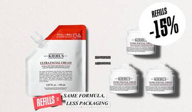 En Kiehl's Ultra Facial Cream Refill, samt 3 Ultra Facial Cream-burkar. Fokus på 15 % rabatt och mindre plastanvandning.