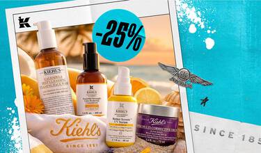 Kiehl's hudvårdsprodukter inklusive ansiktstvatt, serum och kram med 25% rabatt, mot en solnedgång på stranden i bakgrunden.