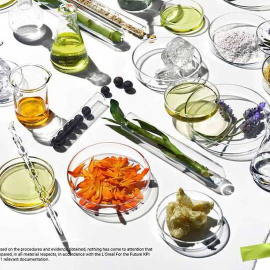 Ett livfullt utbud av vaxtbaserade ingredienser, oljor och pulver som visas i glasbehållare och visar naturens skonhet och hållbarhet.