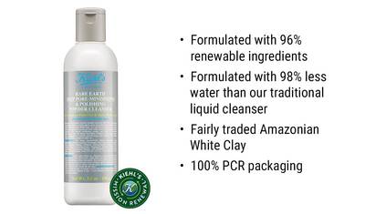 A bottle of Kiehl's Rare Earth Deep Pore-Minimizing & Polishing Powder Cleanser, featuring details about its renewable ingredients, reduced water usage, fair trade Amazonian white clay, and 100% PCR packaging.