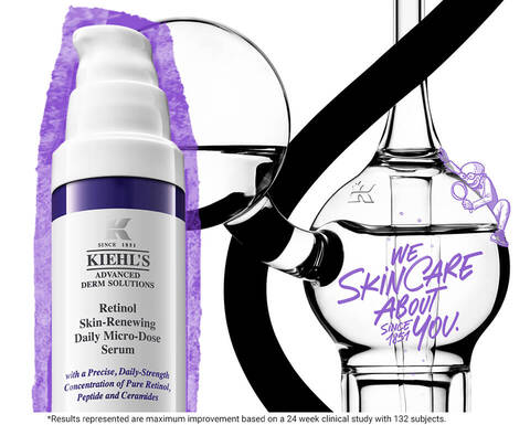 Alt-text på svenska: "Bild som visar Kiehl's hudvårdsprodukter, inklusive en lila flaska med serum och en transparent behållare med texten 'Vi bryr oss om din hud'."