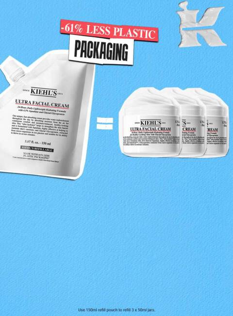 En bild som visar Kiehl's Ultra Facial Cream med information om forpackningen som anvander 61% mindre plast. Produkten presenteras i en återanvandbar påse bredvid tre traditionella burkar. Bakgrunden ar blå.