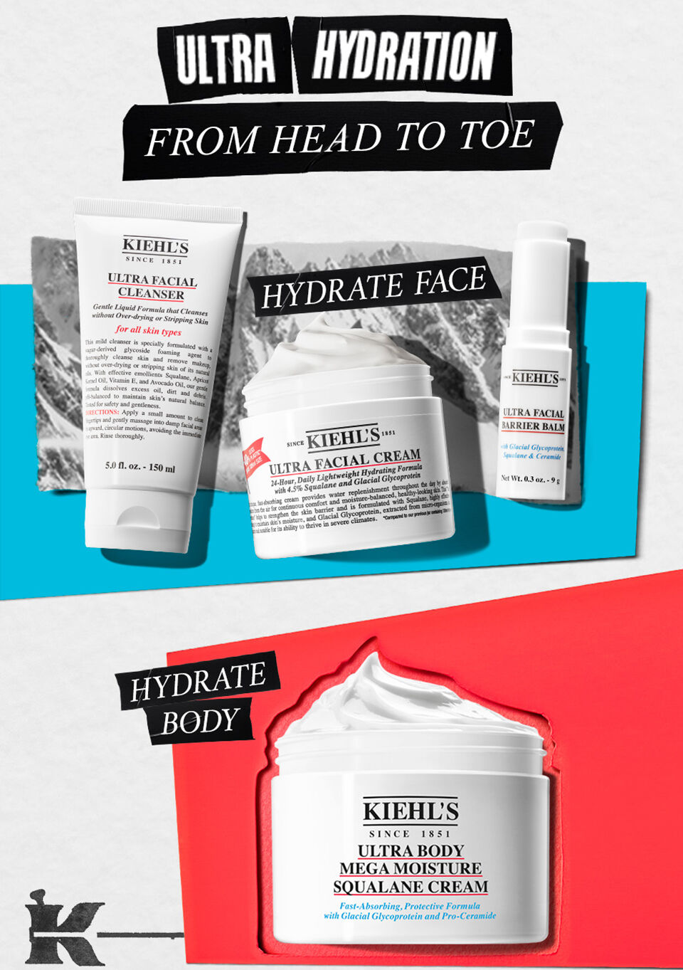 Bild som visar Kiehl's ultrahidrerande produkter for ansikte och kropp, inklusive Ultra Facial Cream och Ultra Body Mega Moisture Squalane Cream, med texten "Ultra Hydration - From Head to Toe".