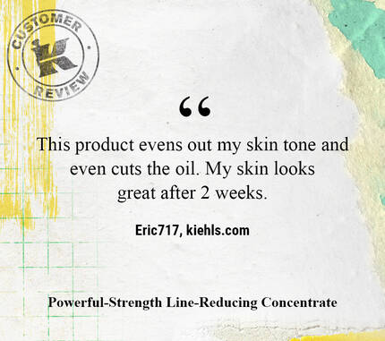 A customer review praising a skincare product, stating it balances skin tone and reduces oiliness, with positive results after two weeks. The background features a textured design with a stamped logo and colorful accents.