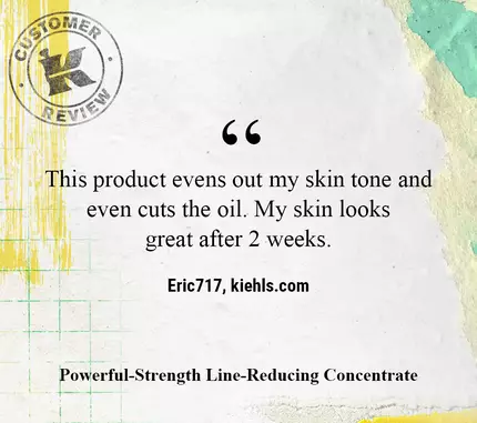 A customer review praising a skincare product, stating it balances skin tone and reduces oiliness, with positive results after two weeks. The background features a textured design with a stamped logo and colorful accents.