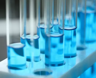 Close-up of test tubes filled with bright blue liquid, arranged in a test tube rack.