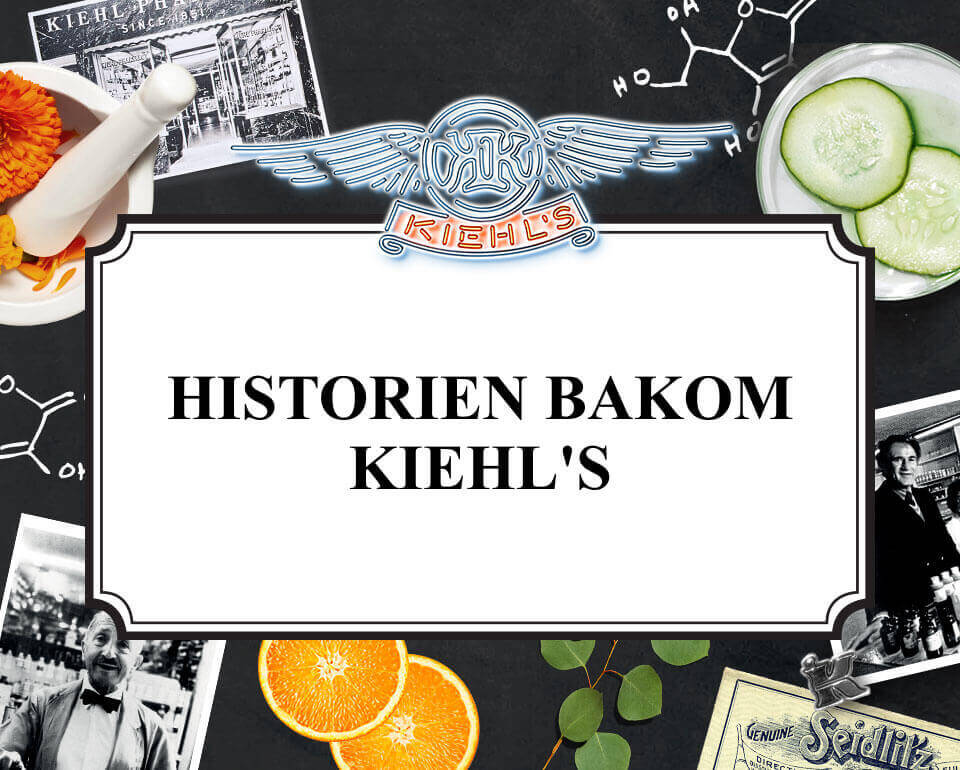 En collage av bilder som visar Kiehl's historia, inklusive vintagebutiker och produkter, omgiven av vaxter och frukter. Texten "Historien bakom Kiehl's" ar centrerad i bilden.