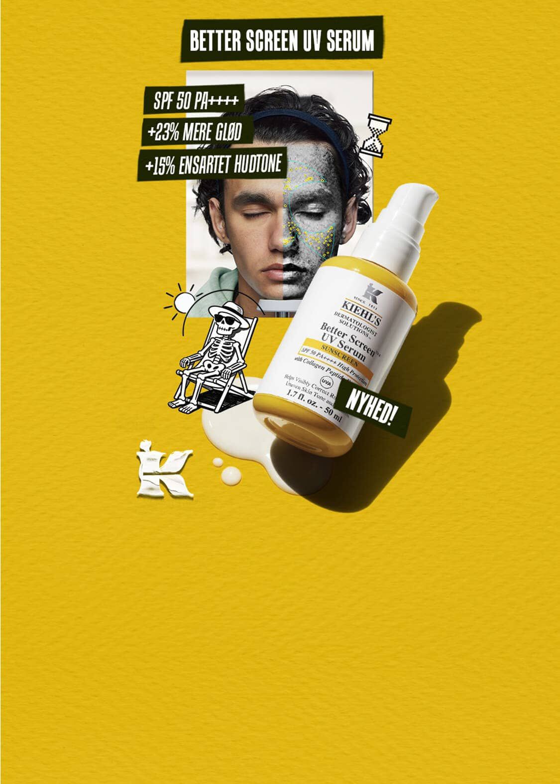 Kiehl's Better Screen UV-serum på gul bakgrund med text som framhaver SPF 50 PA++++ och hudfordelar.