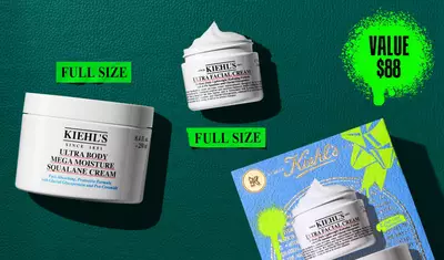 En grafikk, satt mot en mørkegrønn teksturert bakgrunn. Til venstre er en krukke med "KIEHL’S ULTRA BODY MEGA MOISTURE SQUALANE CREAM", merket "FULL SIZE" med lys grønn skrift. Øverst i midten er en åpen krukke med "KIEHL’S ULTRA FACIAL CREAM", som avslører en virvel av produkt og også merket "FULL SIZE" med lys grønn skrift. Nederst til høyre viser en blå Kiehl’s gaveeske de samme to produktene. I øvre høyre hjørne inneholder en lys grønn malingssprut teksten "VALUE $88".