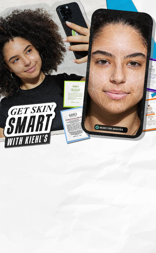 En kvinna med lockigt hår håller en telefon i ena handen och ser på en app som analyserar hennes hud. Runt henne finns produktinformation från Kiehl's. Texten "GET SKIN SMART WITH KIEHL'S" syns också.
