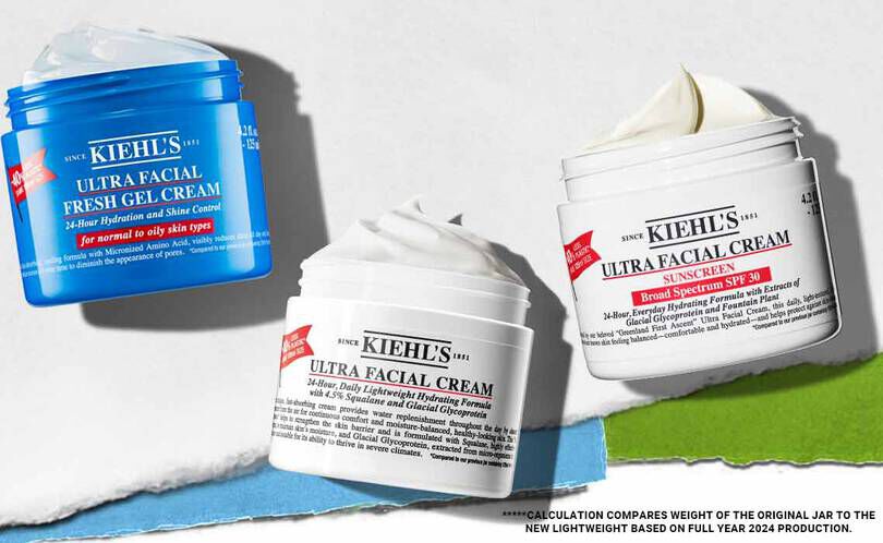 Tre hudvårdsprodukter från Kiehl's: Ultra Facial Fresh Gel Cream i blått och två Ultra Facial Creams med solskyddsmedel, alla med etiketter.