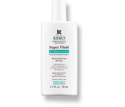 A bottle of Kiehl's Super Fluid UV Mineral Defense sunscreen, 1.7 oz, featuring lightweight formula and SPF 50 protection.