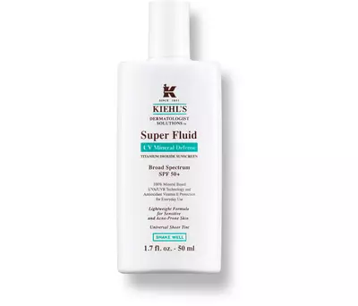 Kiehl's Super Fluid UV Mineral Defense sunscreen, 1.7 oz bottle, with broad-spectrum SPF 50 for sensitive skin.
