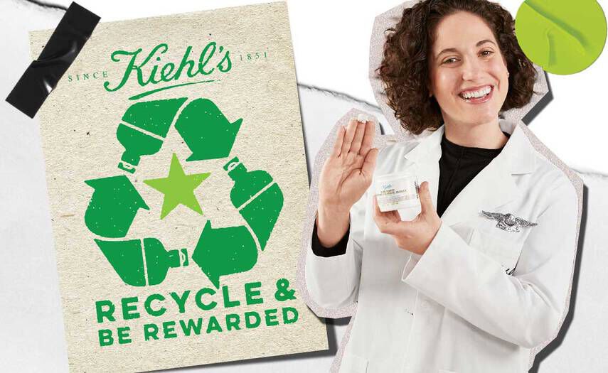 En person i labbrock håller i en hudvårdsprodukt, med en affisch som uppmuntrar till återvinning och beloningar i bakgrunden.
