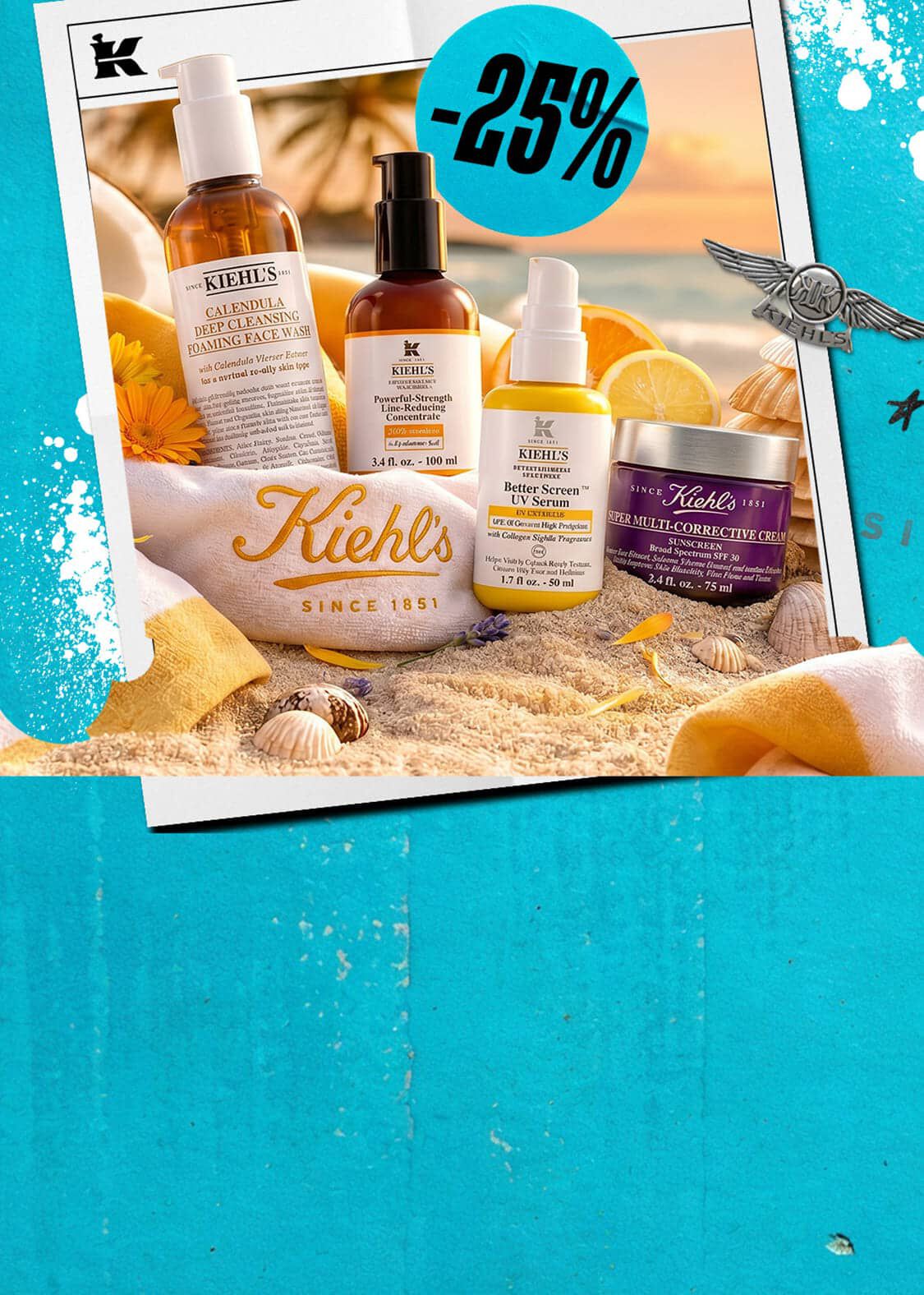 Kiehl's hudvårdsprodukter inklusive ansiktstvatt, serum och kram med 25% rabatt, mot en solnedgång på stranden i bakgrunden.