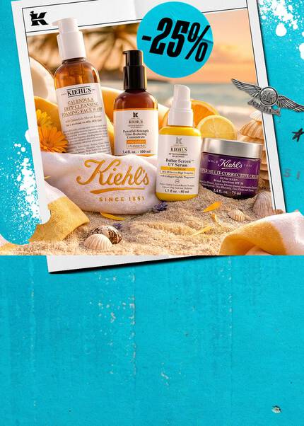Kiehl's hudvårdsprodukter inklusive ansiktstvatt, serum och kram med 25% rabatt, mot en solnedgång på stranden i bakgrunden.