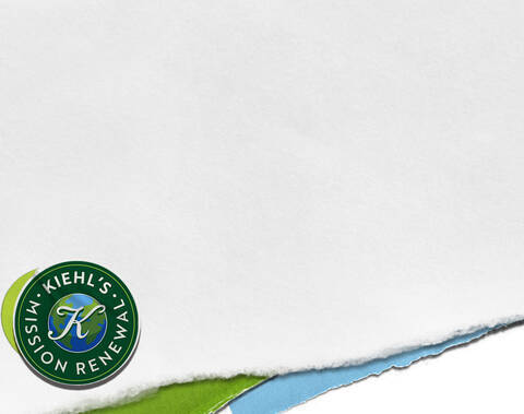 Kiehl's Mission Renewal-logotyp med en gron cirkel med en blå jordglob, omgiven av livfulla grona och blå papperskanter.