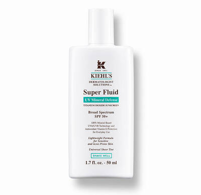 Kiehl's Super Fluid UV Mineral Defense sunscreen, 1.7 fl oz, with SPF 50+, designed for sensitive skin.