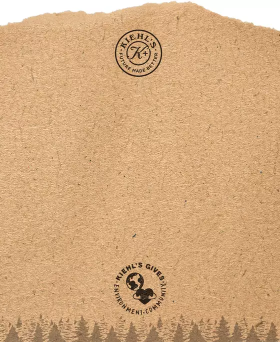 Alt text: A textured brown background featuring two circular logos, one for Kiehl's with the tagline "Culture Made Better" and another for "Kiehl's Gives" promoting environmental awareness. Pine tree silhouettes are visible at the bottom.