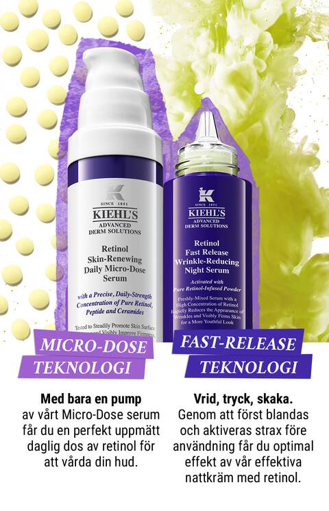 Bild av två Kiehl's hudvårdsprodukter med information om deras mikro-dos och snabbfrislappningstekniker. Produkten till vanster har en pump och anvands dagligen, medan produkten till hoger beskrivs som aktiv och effektiv. Bakgrunden ar prydd med gula bollar.