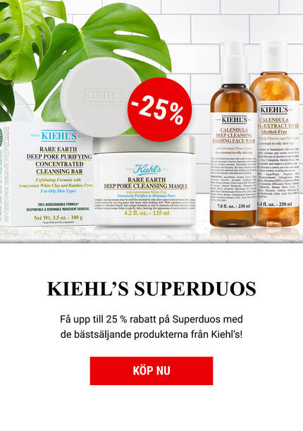 Reklam for Kiehl's Superduos med produkter som erbjuder upp till 25% rabatt. Inkluderar en rengoringsbar och flaskor med hudvårdsprodukter. Texten "KOP NU" ar framtradande.