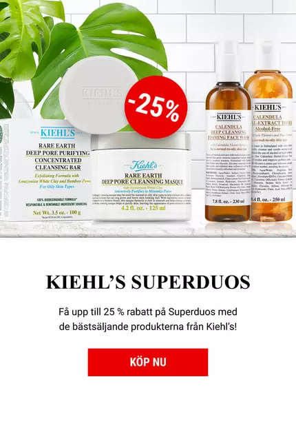 Reklam for Kiehl's Superduos med produkter som erbjuder upp till 25% rabatt. Inkluderar en rengoringsbar och flaskor med hudvårdsprodukter. Texten "KOP NU" ar framtradande.