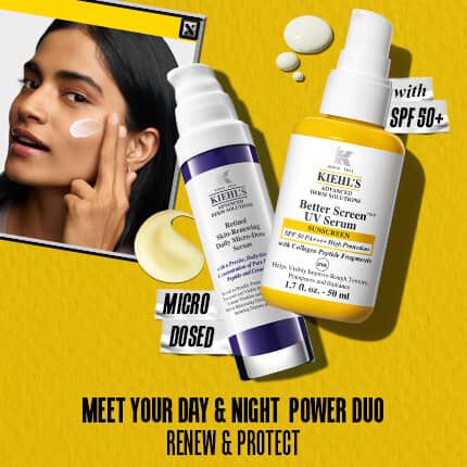 Två Kiehl's hudvårdsprodukter markta Retinol och Better Screen UV Serum med SPF 50+ på gul bakgrund med text som framjar dag- och nattskydd.
