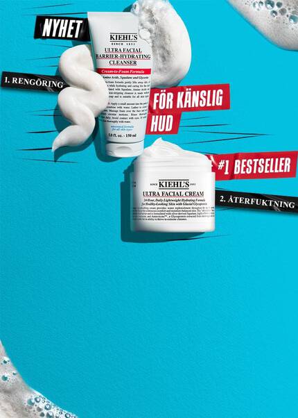 Bild med Kiehl's nya produkt, Ultra Facial Barrier Cleanser, och Kiehl's bastsaljare, Ultra Facial Cream.