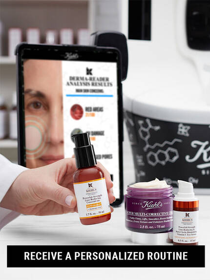 En produktbild från Kiehl's som visar en ansiktsserumflaska, en kram och en liten flaska, med en skarm i bakgrunden som visar hudanalysresultat. Texten informerar om att man kan få en personlig hudvårdsrutin.