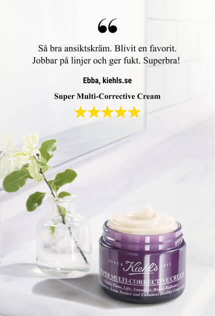 A jar of Kiehl's Super Multi-Corrective Cream on a smooth, cream-colored background, accompanied by a user testimonial praising its pleasant scent and skin-cleansing properties.