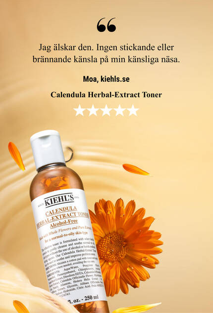 A bottle of Kiehl’s Calendula Herbal-Extract Toner surrounded by flower petals and a quote praising the product's refreshing qualities.