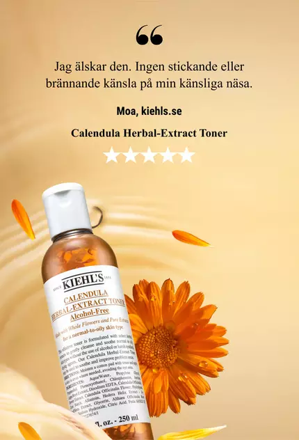 A bottle of Kiehl’s Calendula Herbal-Extract Toner surrounded by flower petals and a quote praising the product's refreshing qualities.