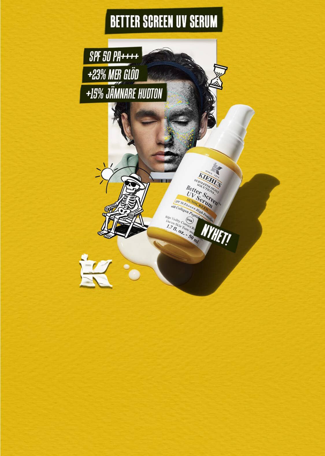 Kiehl's Better Screen UV-serum på gul bakgrund med text som framhaver SPF 50 PA++++ och hudfordelar.