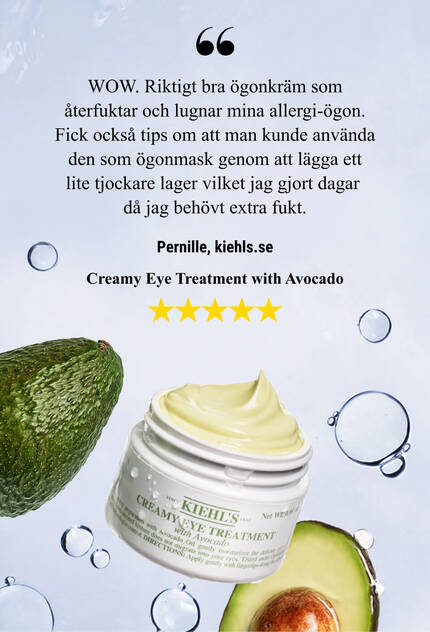 A jar of Kiehl's Creamy Eye Treatment with Avocado against a creamy, textured background, accompanied by a customer testimonial about its moisturizing texture.
