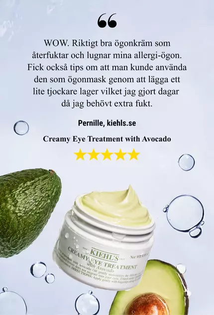 A jar of Kiehl's Creamy Eye Treatment with Avocado against a creamy, textured background, accompanied by a customer testimonial about its moisturizing texture.