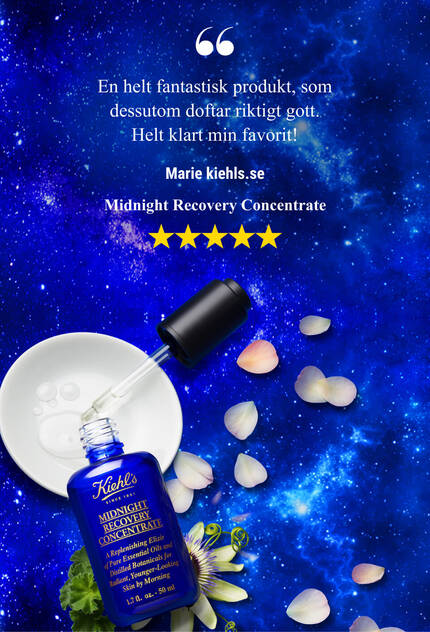 A dark blue bottle of Kiehl's Midnight Recovery Concentrate is displayed against a light background, accompanied by a quote about its nightly use for glowing skin.
