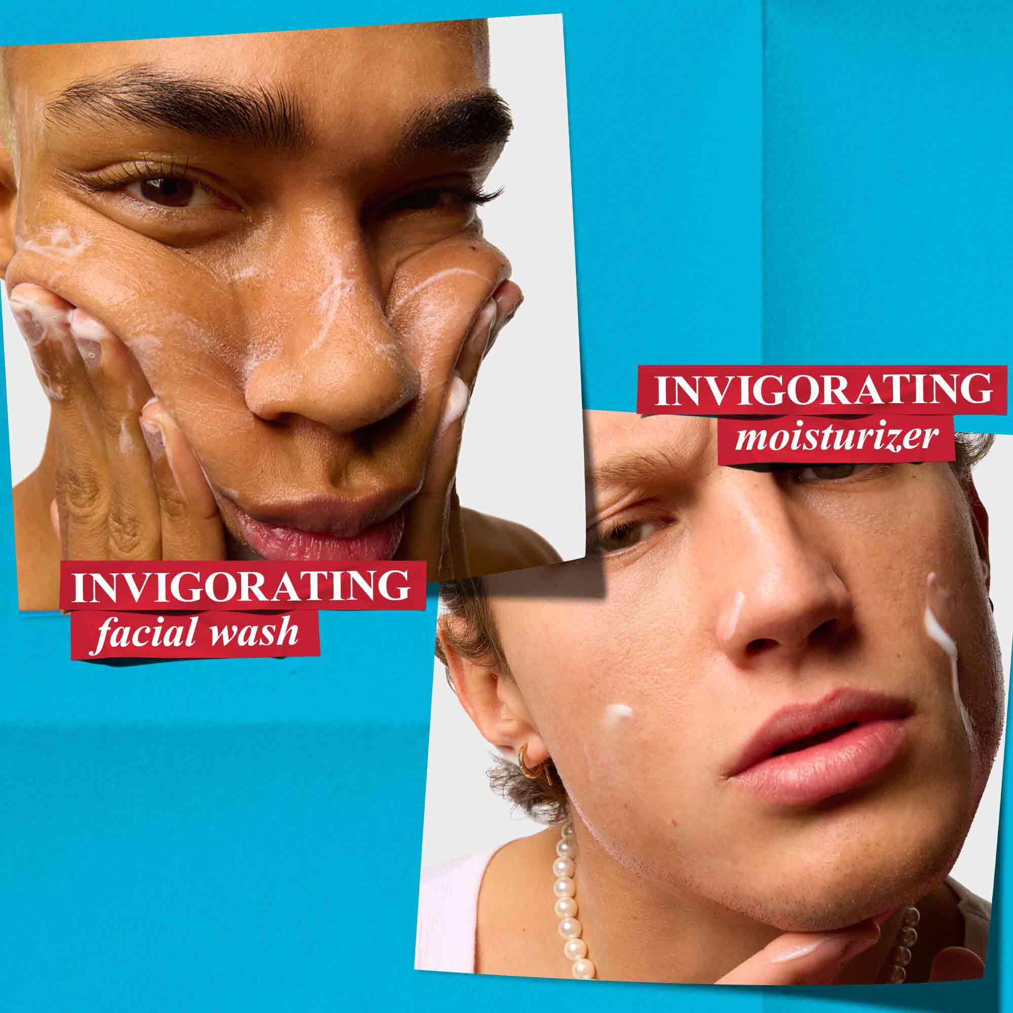 Två man demonstrerar Kiehl's Facial Fuel-produkter: en anvander uppiggande ansiktstvatt, den andra applicerar uppiggande fuktkram for man.