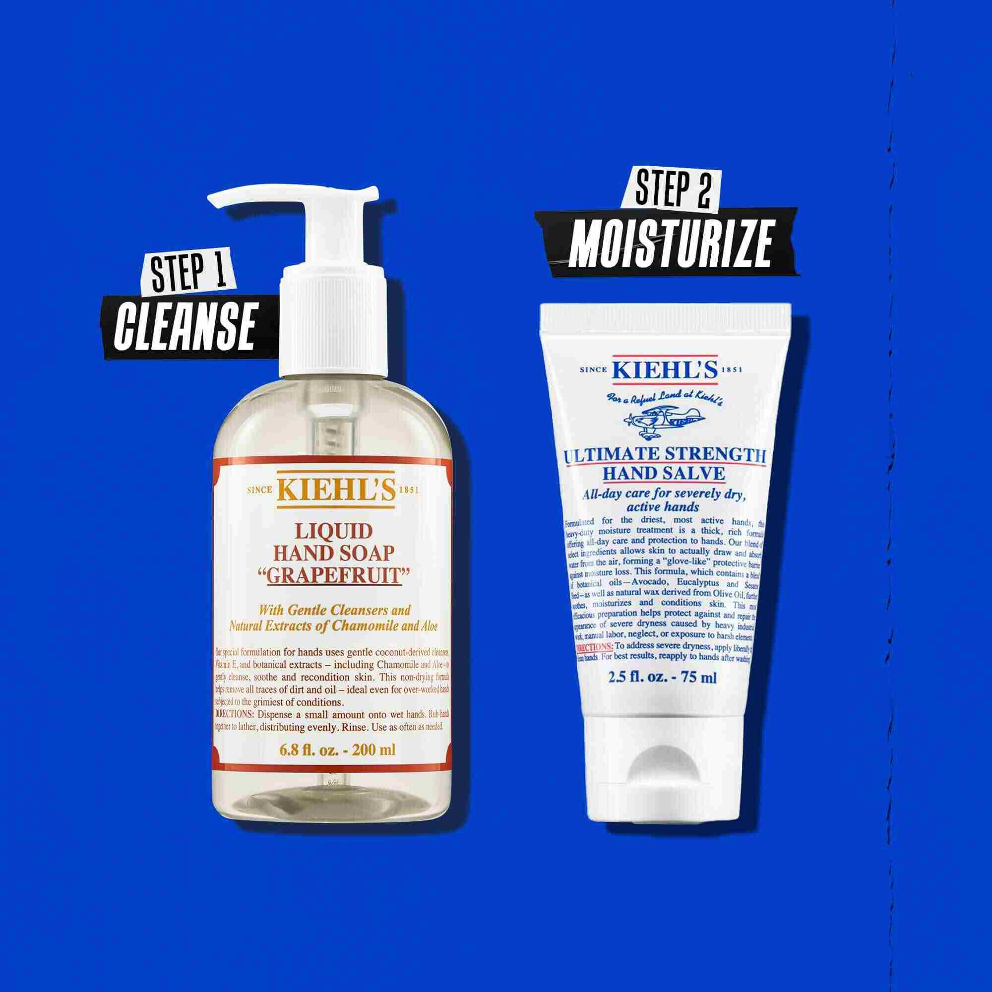 Illustration av rutin med Kiehl's Ultimate Strength Hand Salve – Rengor, Återfukta