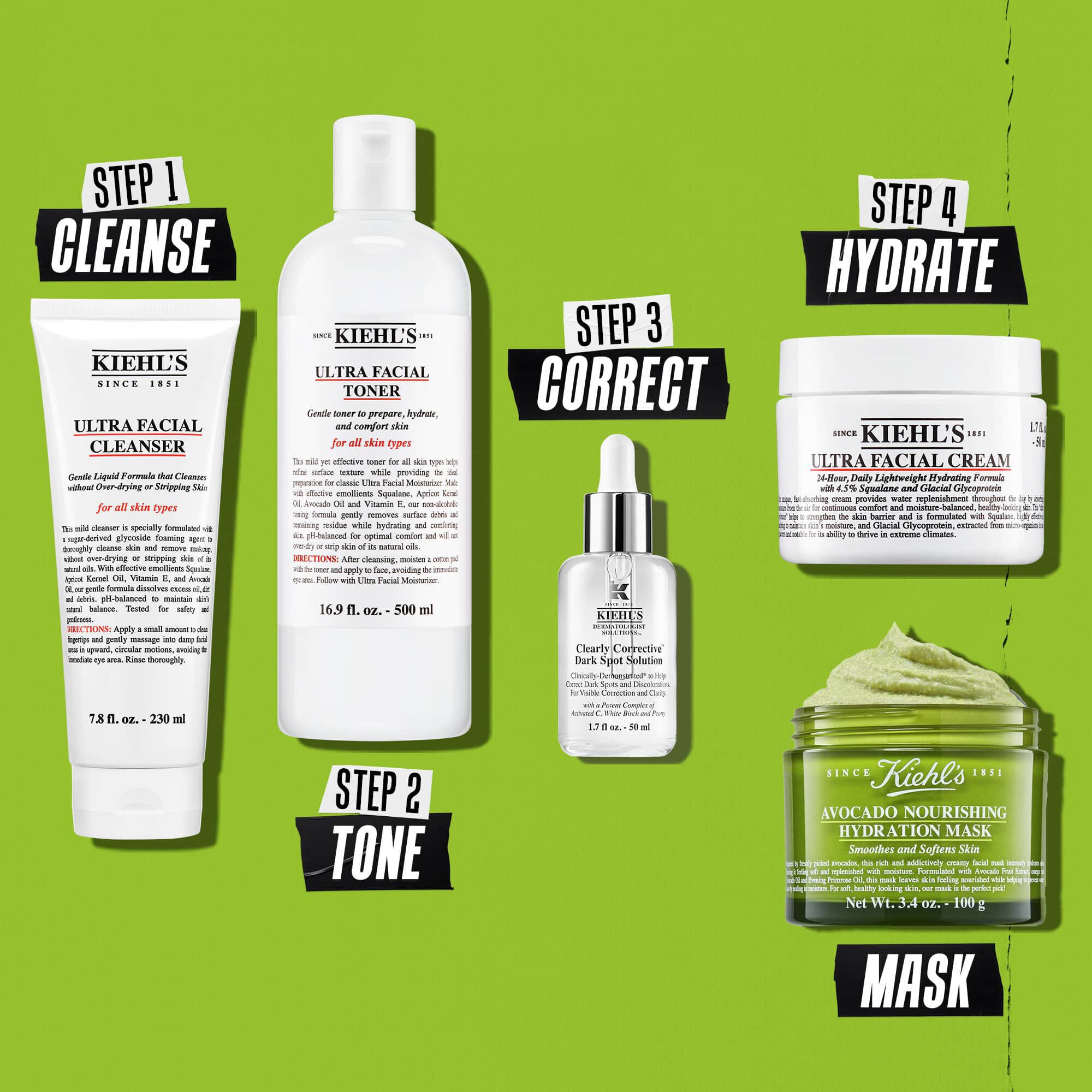 Illustration av rutin med avokadomask – Rengor, Tona, Korrigera, Återfukta, Mask