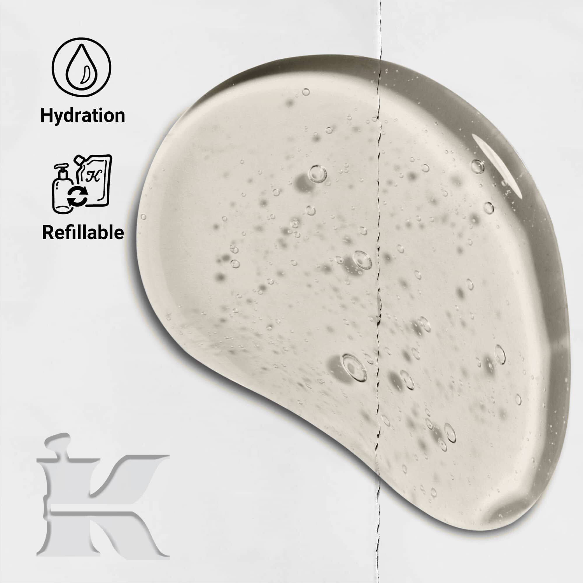 Foto av Amino Acid Shampoo-textur med ikoner som visar att den ar påfyllningsbar och ger återfuktning
