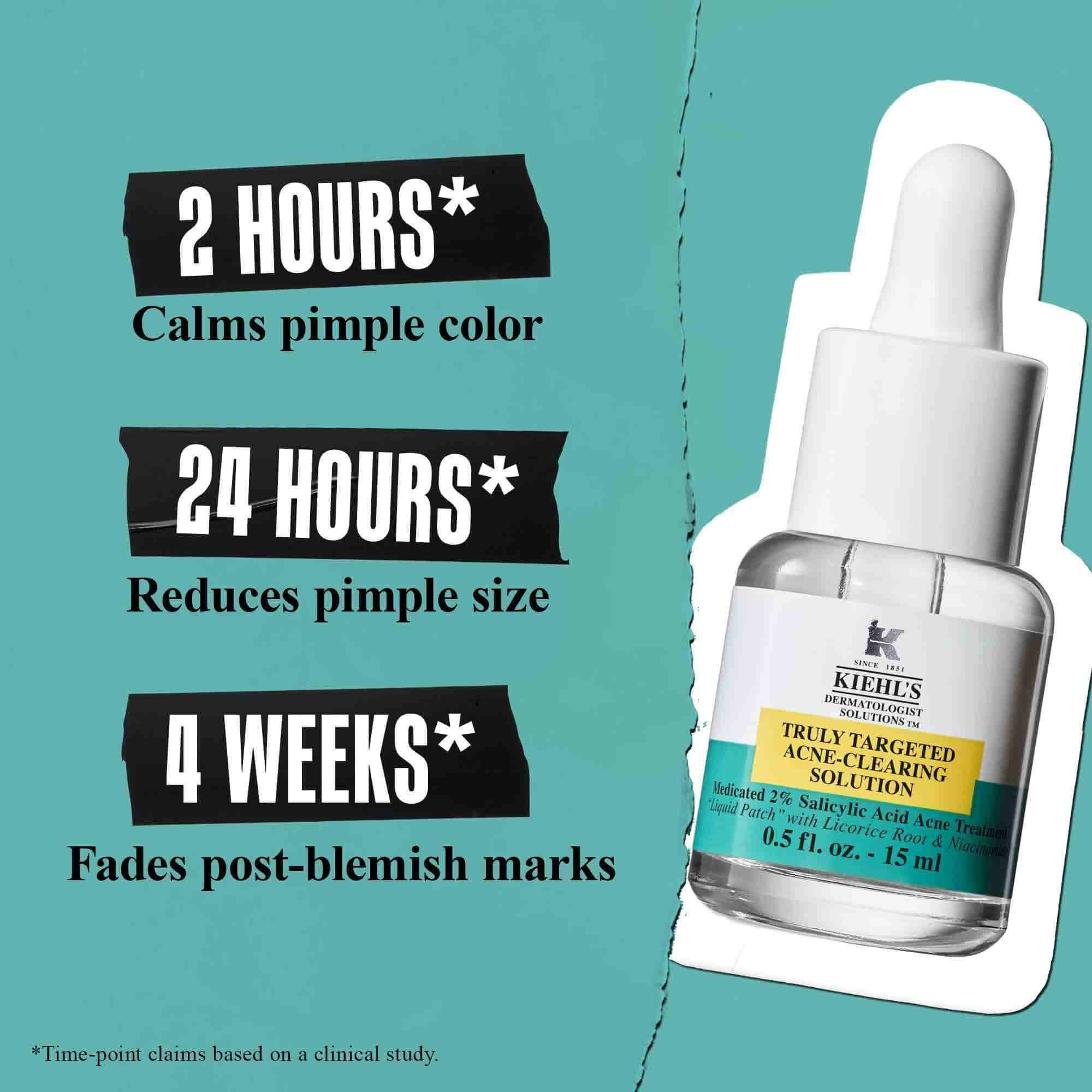 En flaska Truly-Targeted Blemish-Clearing Solution mot en gron bakgrund med texten "2 timmar* Lugnar finnens farg", "24 timmar* Minskar finnens storlek" och "4 veckor* Bleker marken efter orenheter".