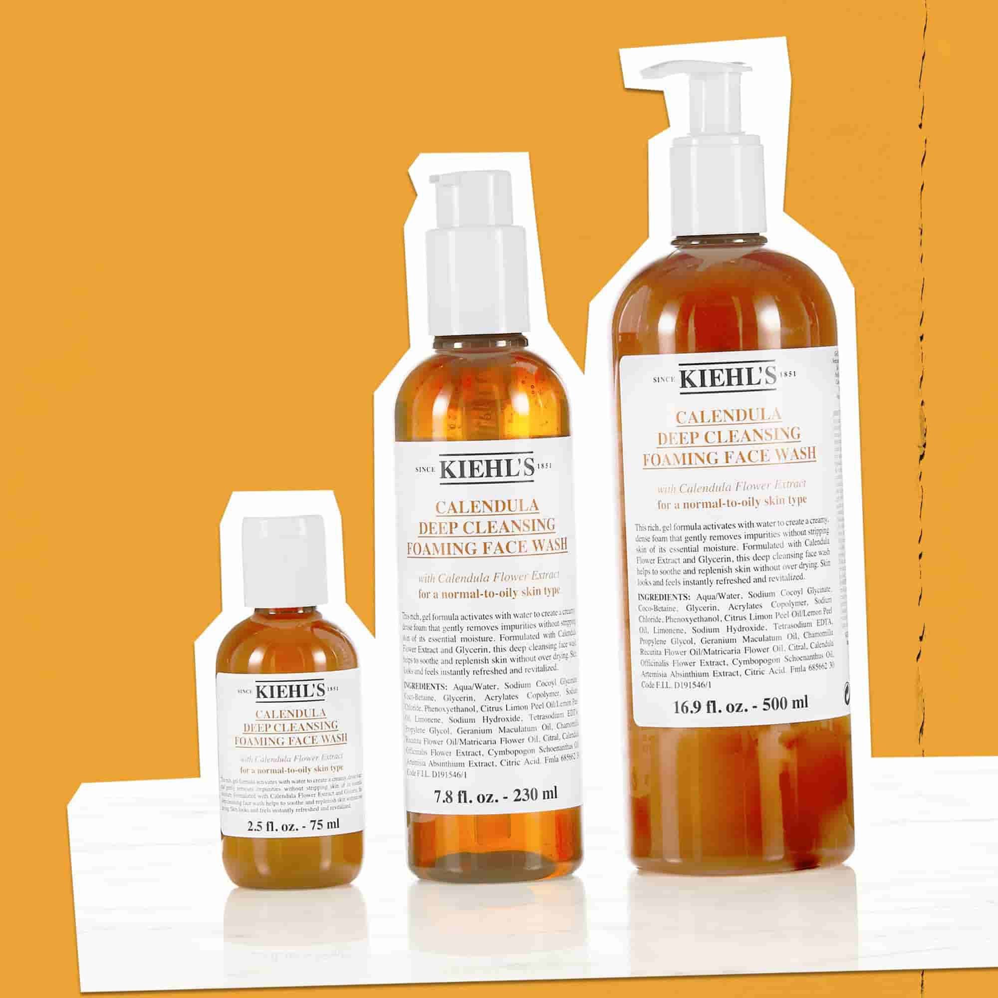 Tre flaskor med Calendula Foaming Face Wash i storlekar från 75 ml till 500 ml
