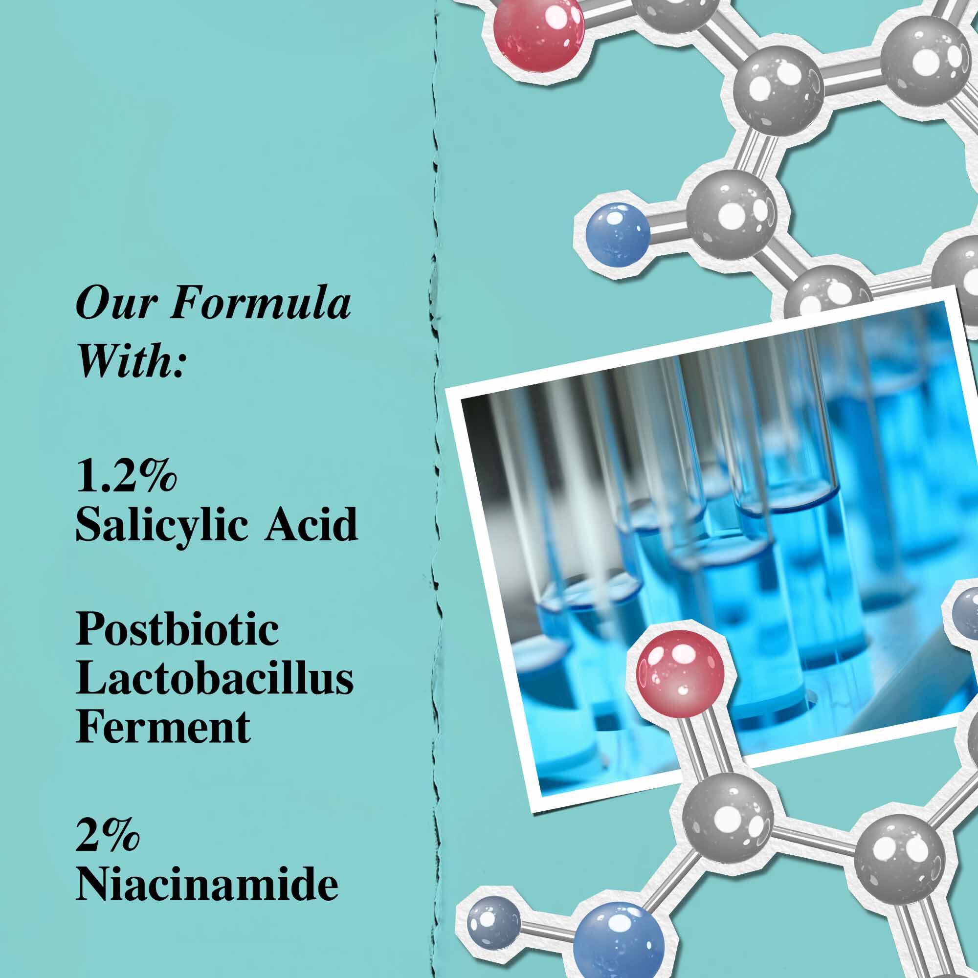 En grafik som lyfter fram nyckelingredienserna i Expertly Clear Blemish-Treating & Preventing Lotion, inklusive salicylsyra, postbiotisk laktobacillusferment och niacinamid.