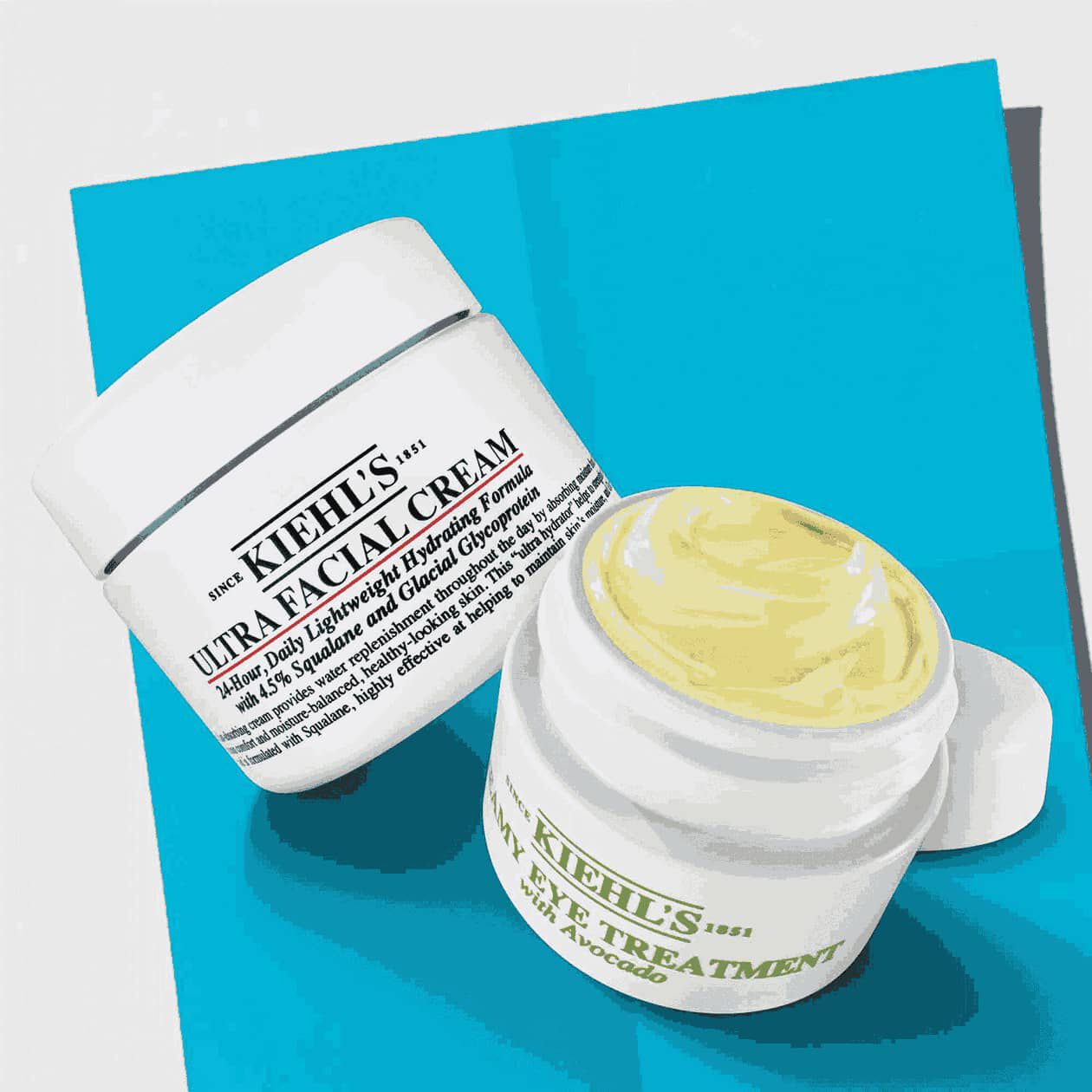 Kiehl's Ultra Facial Cream och kramig ogonbehandling med avokado, visad med kampanjpriser och pris.