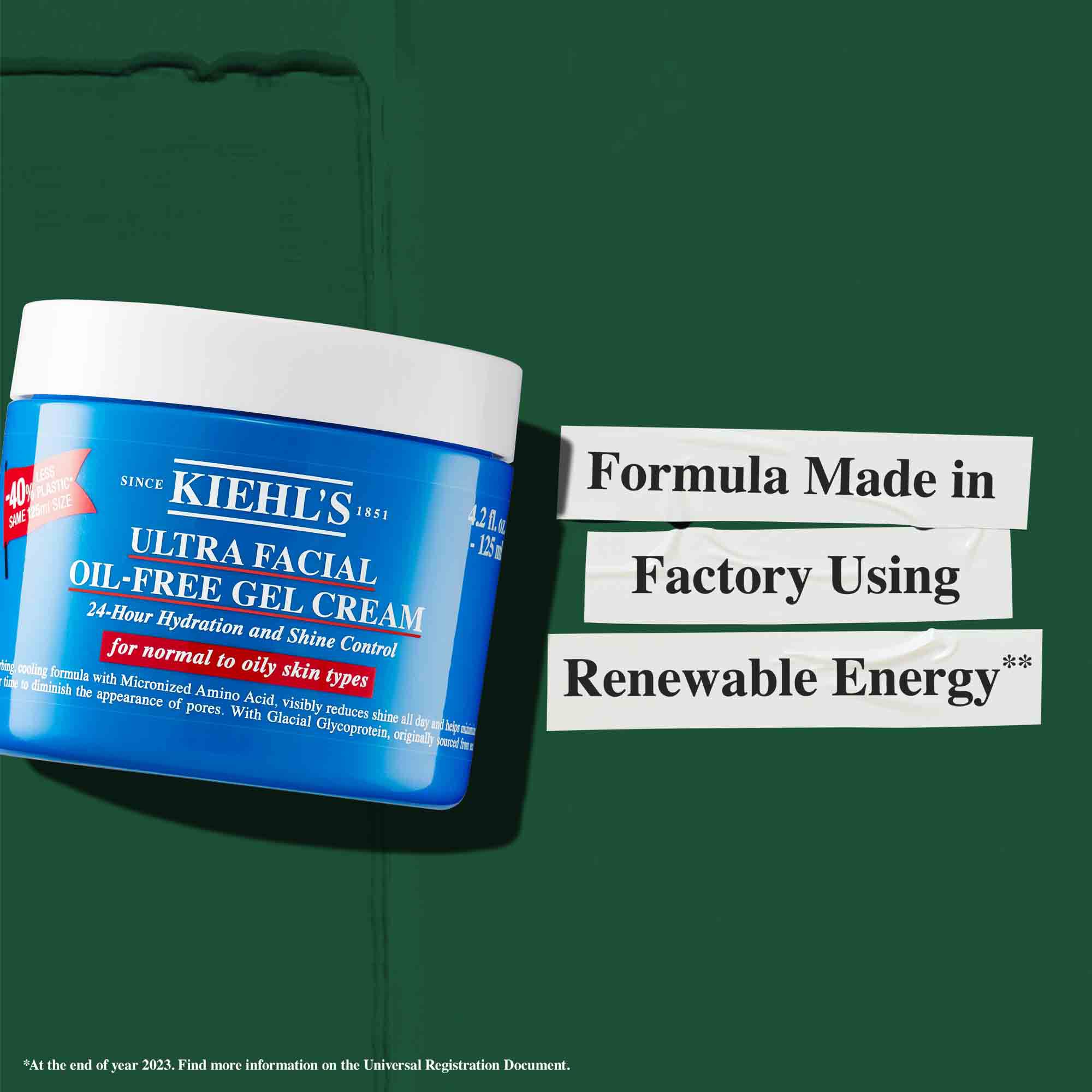 En burk med Ultra Facial Oil-Free Gel Cream med texten "Formel framstalld i en fabrik som anvander fornybar energi."