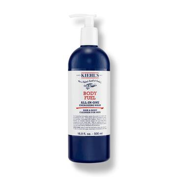 En flaska Kiehl's Body Fuel All-In-One Energizing Wash mot en vit bakgrund.