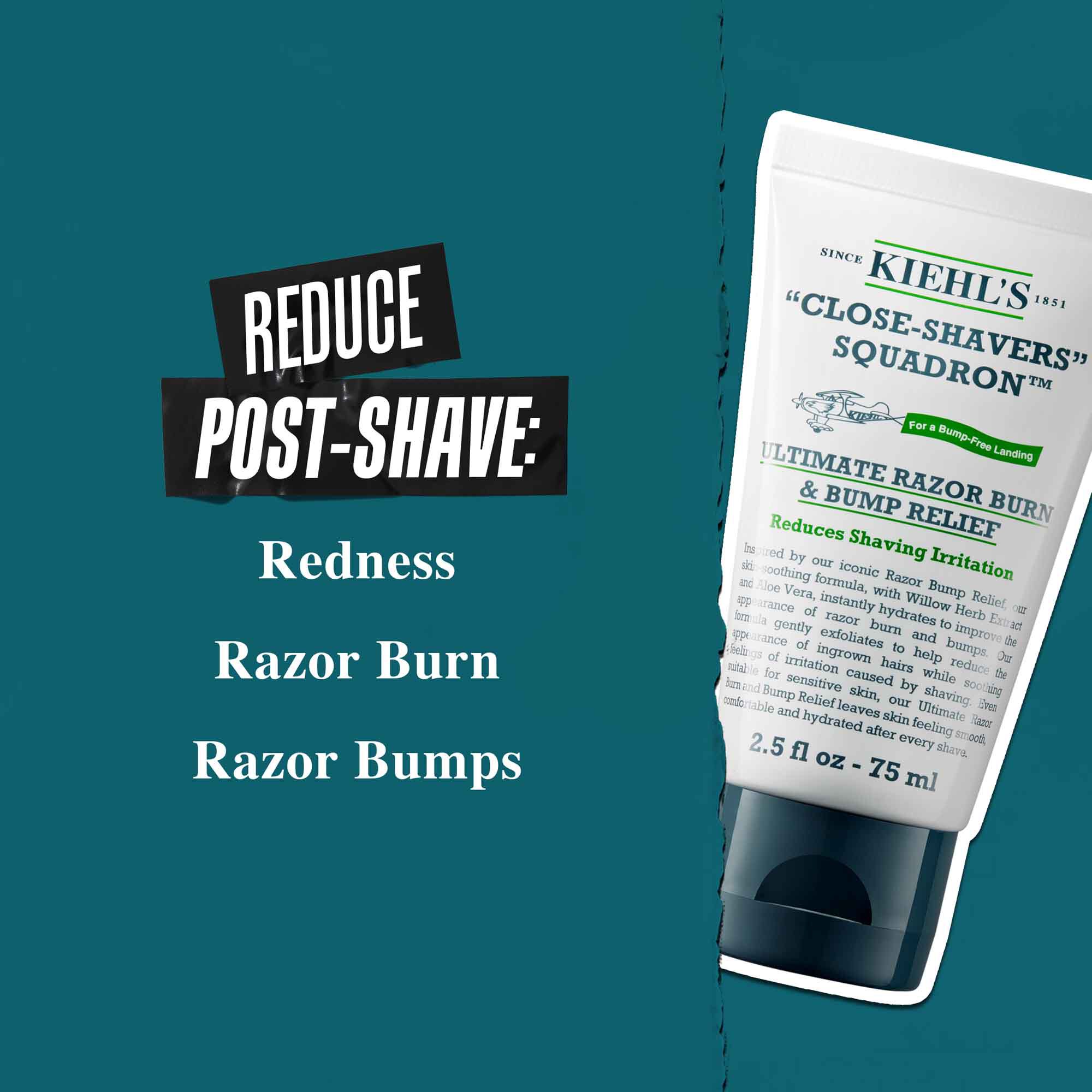 Tub med Close Shavers Squadron Smooth Glider Precision Shave Lotion på en blågron bakgrund. Texten lyder: "Minskar rodnad efter rakning, rakbranna och rakningsfinnar."