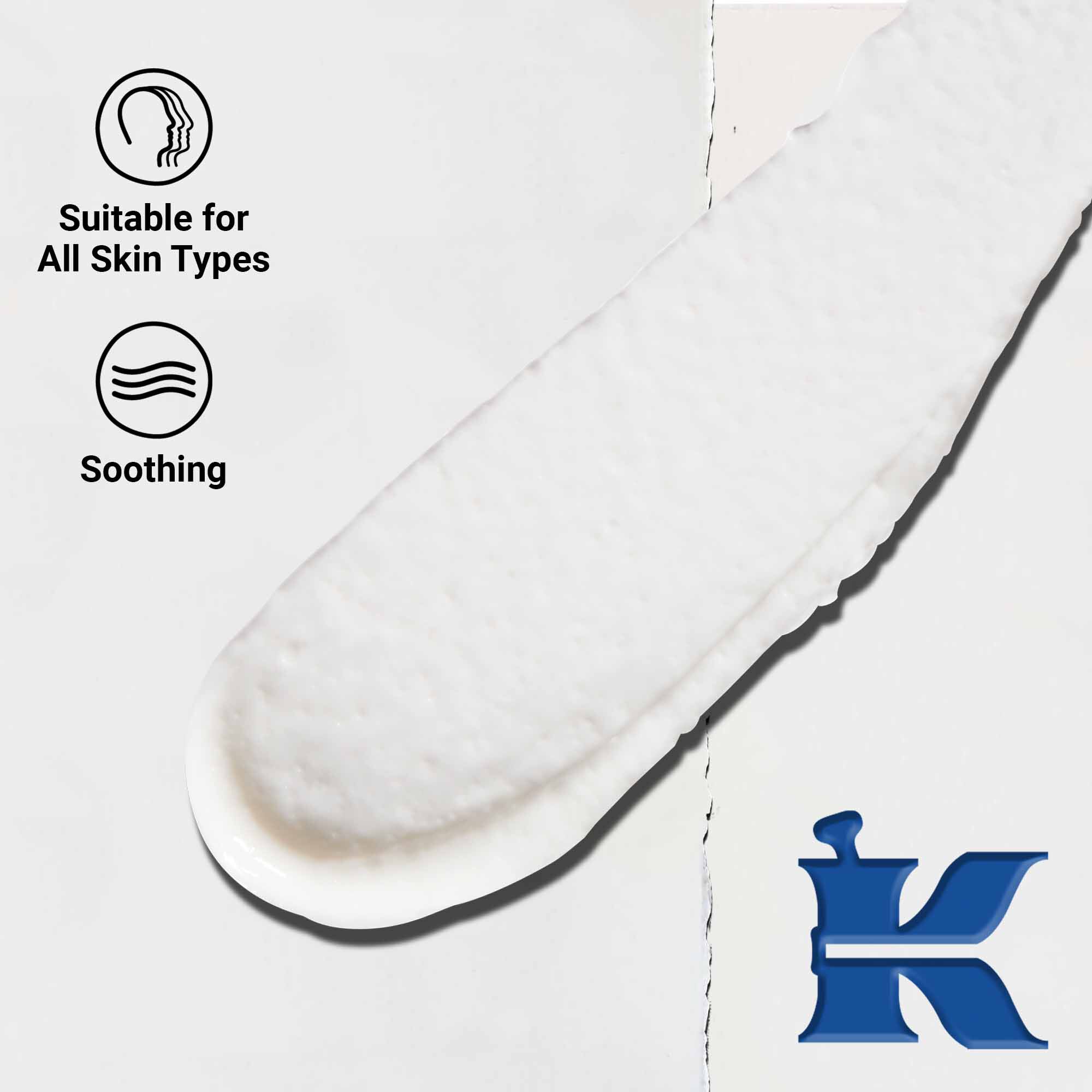 Narbild på konsistensen av Ultimate Brushless Shave Cream White Eagle. Texten betonar att den ar lamplig for alla hudtyper, samt dess lugnande och icke-irriterande formula.