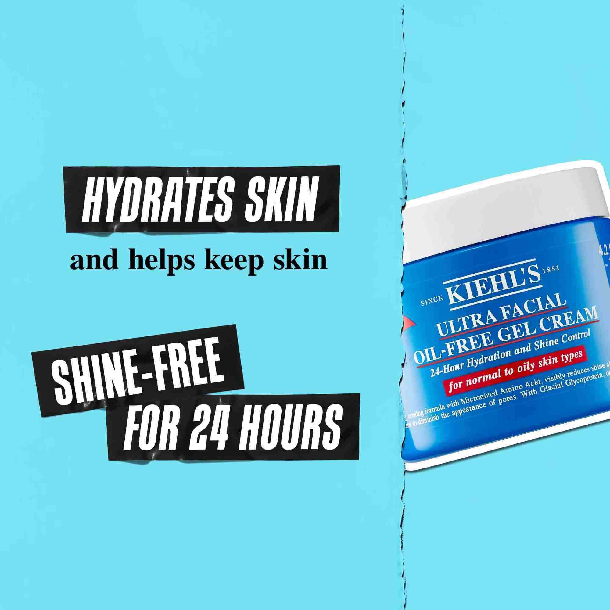 En burk med Ultra Facial Oil-Free Gel Cream mot en blå bakgrund med texten: "Återfuktar huden och hjalper till att hålla huden glansfri i 24 timmar."